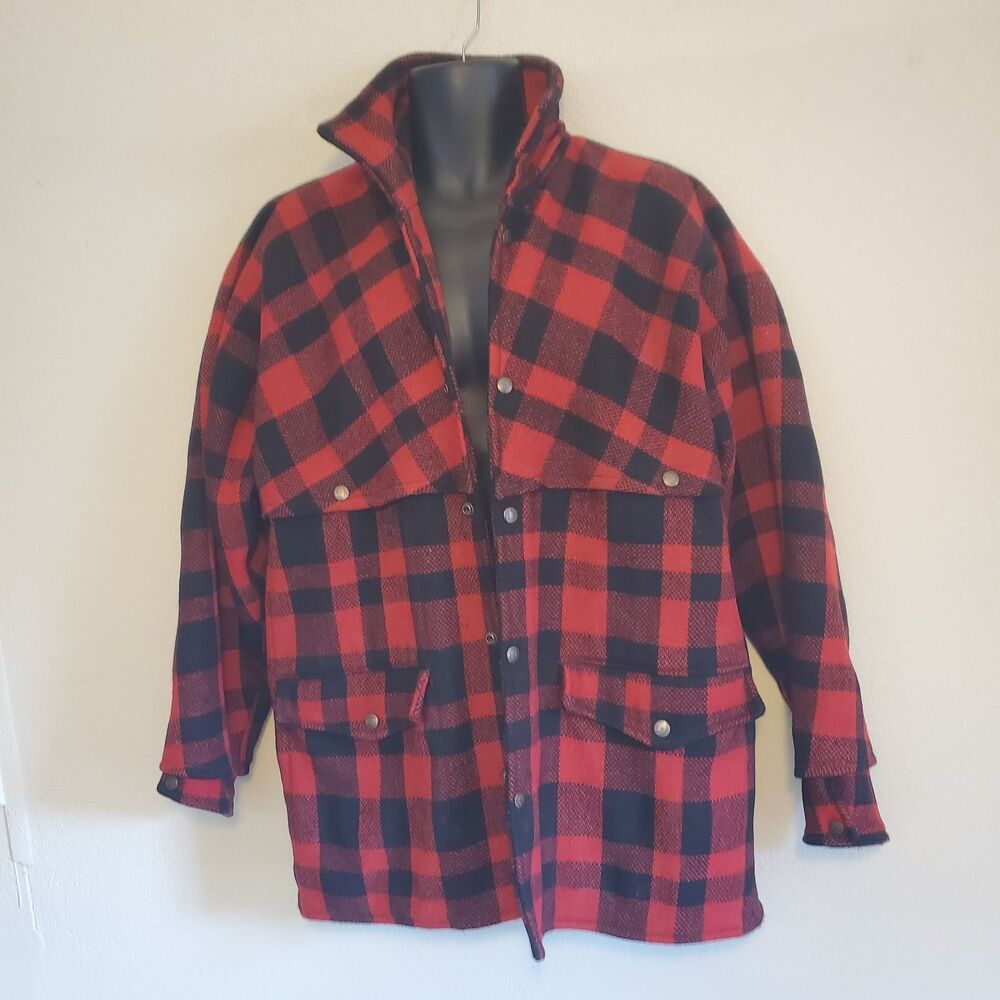 Vtg Pioneer Brand XL Heavy Wool Shacket Buffalo Plaid Red Black Winter Holiday